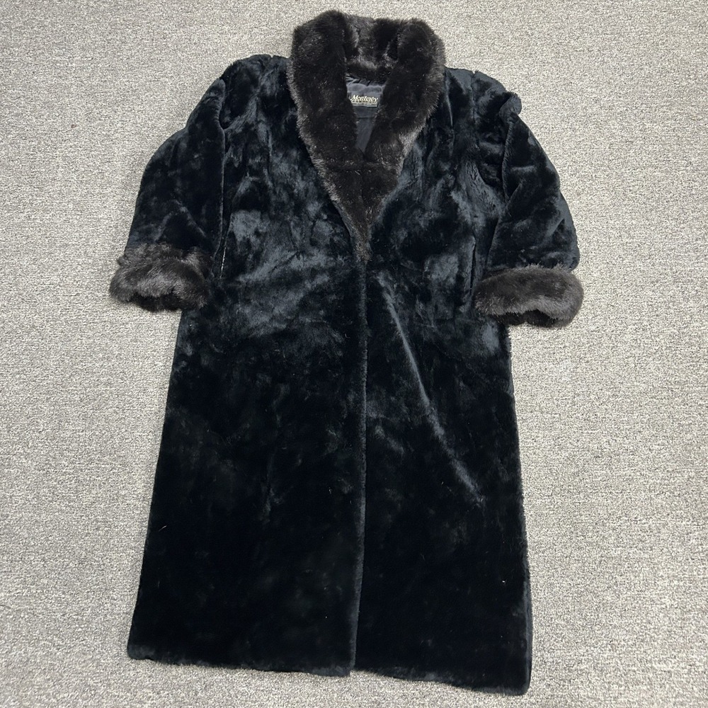 Monterey Fashions Faux Fur Coat Womens XL Black Vintage Shawl Collar USA Made